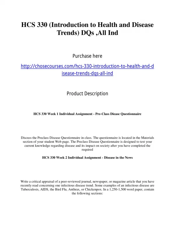 HCS 330 (Introduction to Health and Disease Trends) DQs ,All Ind