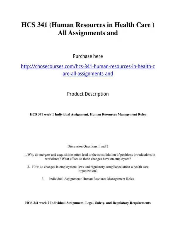 HCS 341 (Human Resources in Health Care ) All Assignments and