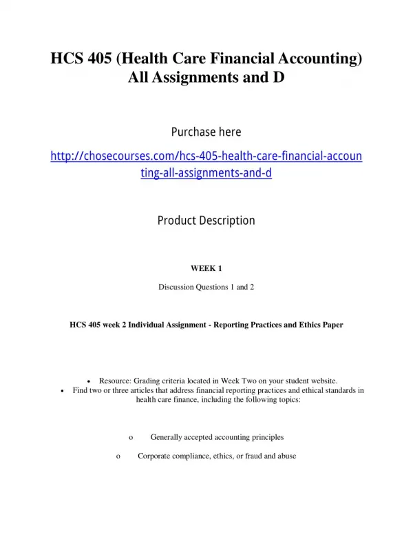 HCS 405 (Health Care Financial Accounting) All Assignments and D