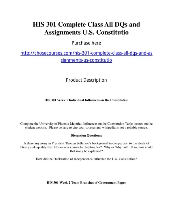 HIS 301 Complete Class All DQs and Assignments U.S. Constitutio