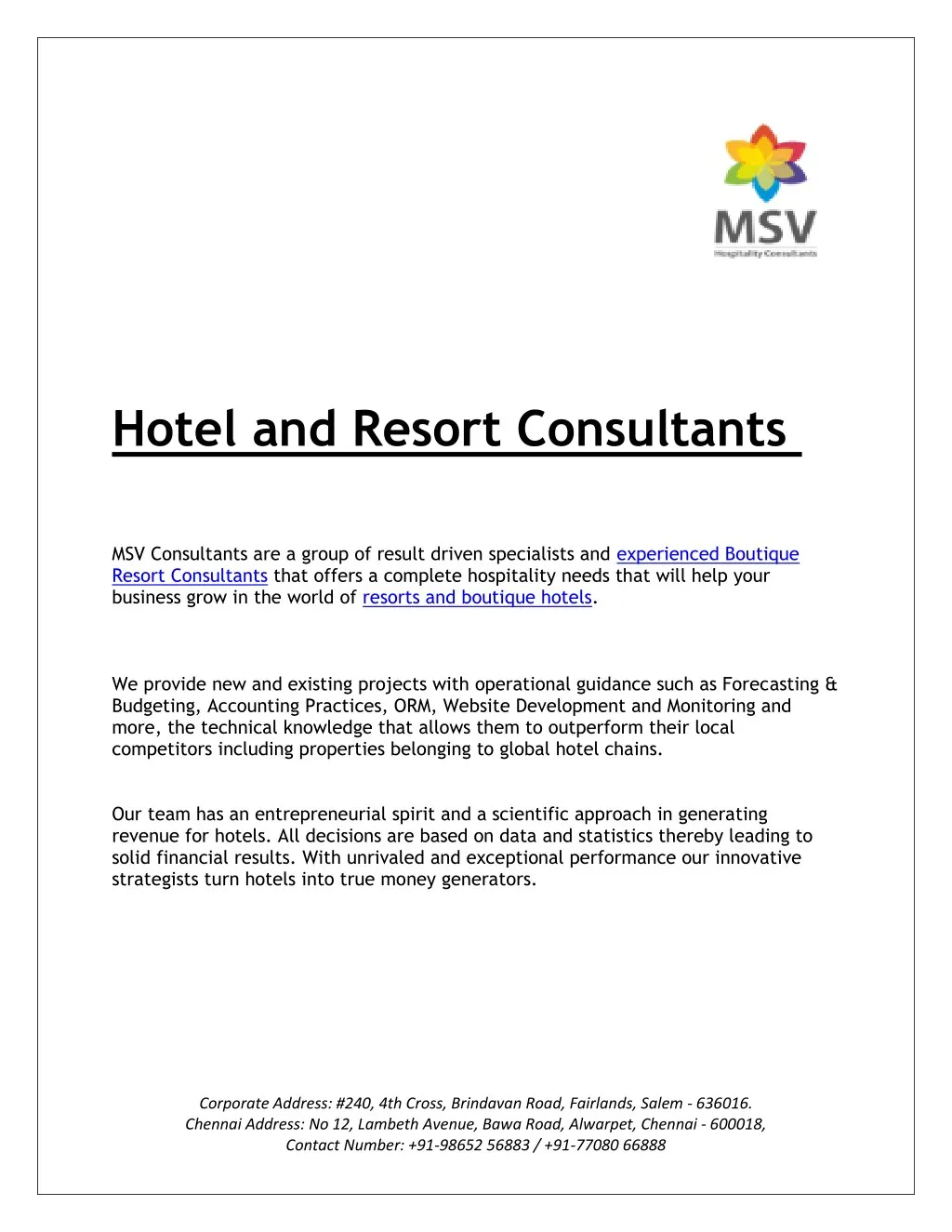 hotel and resort consultants msv consultants