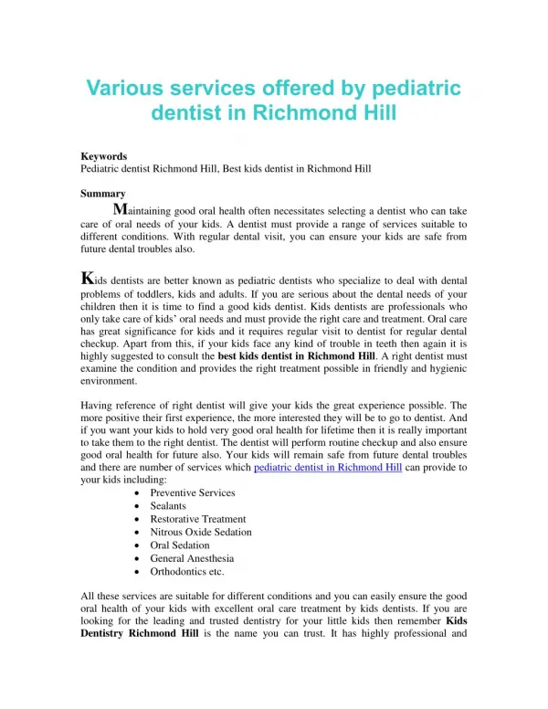 Various services offered by pediatric dentist in Richmond Hill