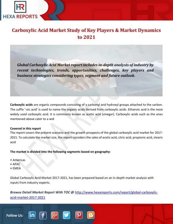 Carboxylic Acid Market Study of Key Players & Market Dynamics to 2021
