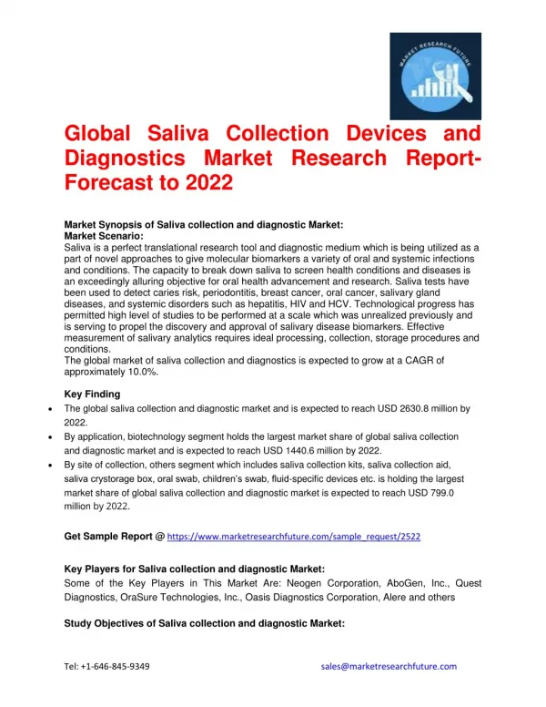 Global Saliva Collection Devices and Diagnostics Market Research Report- Forecast to 2022