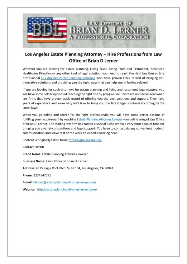 Los Angeles Estate Planning Attorney – Hire Professions from Law Office of Brian D Lerner