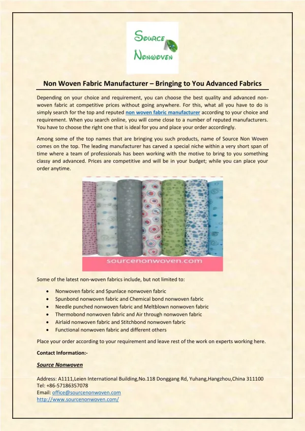 Non Woven Fabric Manufacturer – Bringing to You Advanced Fabrics