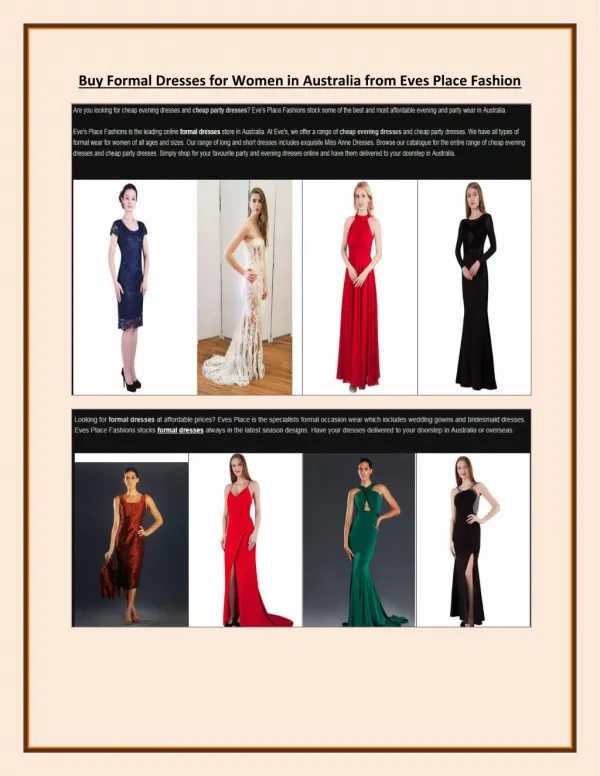 Buy Formal Dresses for Women in Australia from Eves Place Fashion