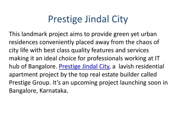 Prestige Jindal City Bangalore