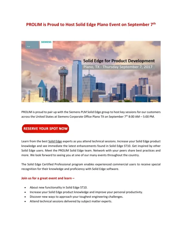 PROLIM is Proud to Host Solid Edge Plano Event on September 7th