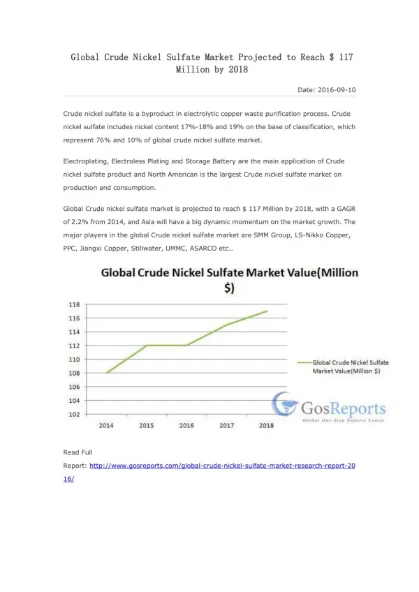 Global Crude Nickel Sulfate Market Projected to Reach $ 117 Million by 2018