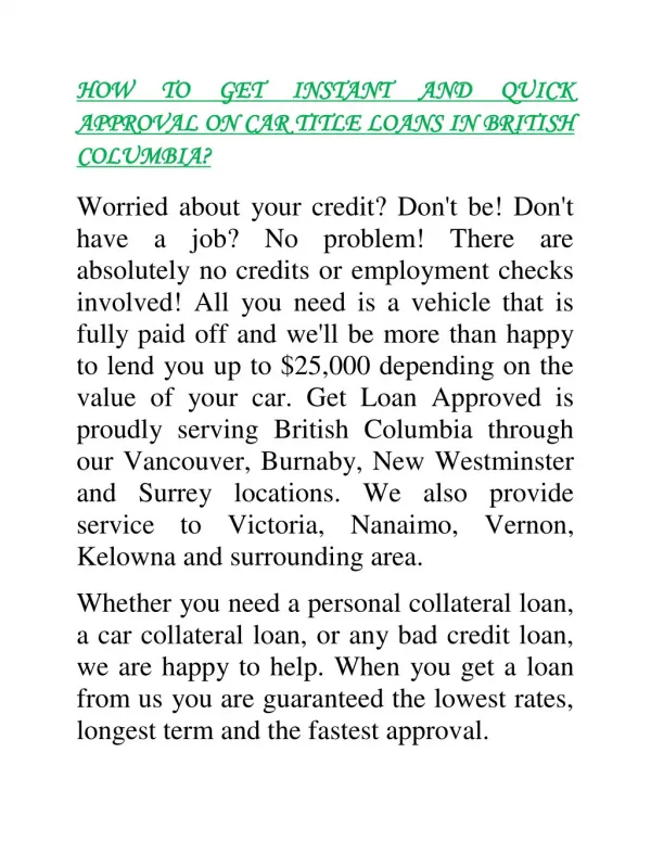 Instant way to get quick approval on car title loans in British Columbia