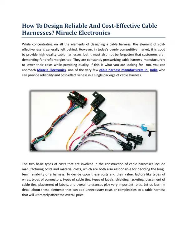 How To Design Reliable And Cost-Effective Cable Harnesses? Miracle Electronics