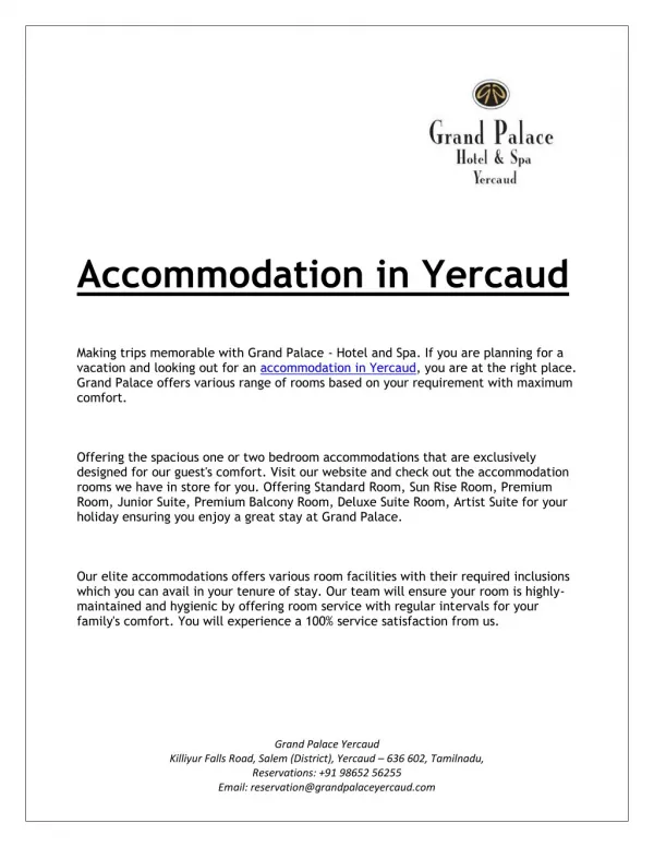 Accommodation in Yercaud
