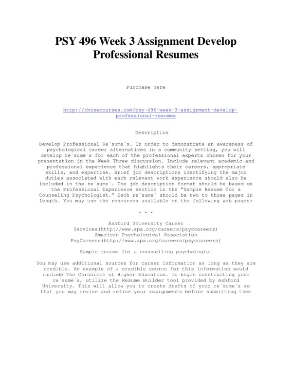 PSY 496 Week 3 Assignment Develop Professional Resumes