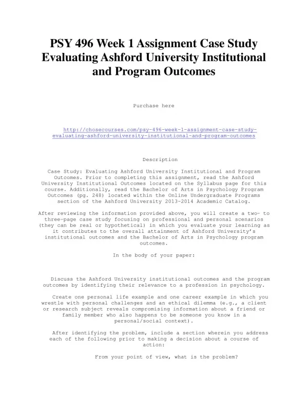 PSY 496 Week 1 Assignment Case Study Evaluating Ashford University Institutional and Program Outcomes