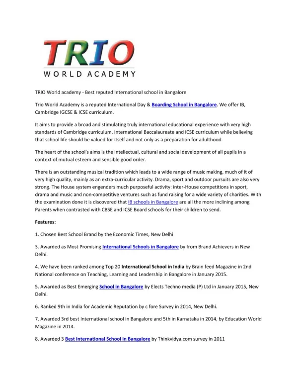 TRIO World academy - Best reputed International school in Bangalore