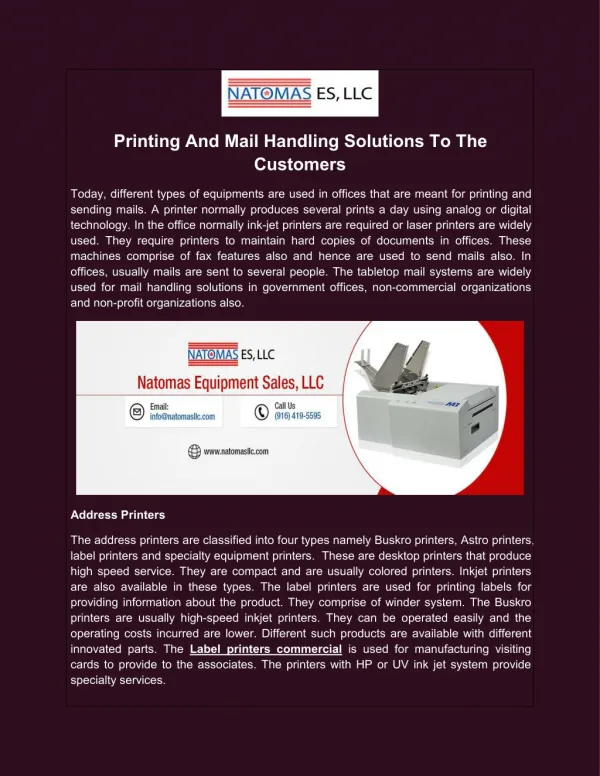 Printing And Mail Handling Solutions To The Customers