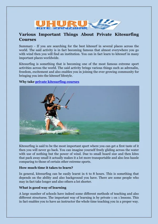 Various Important Things About Private Kitesurfing Courses