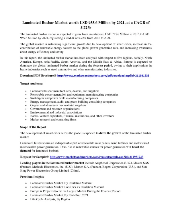 Laminated Busbar Market worth USD 955.6 Million by 2021, at a CAGR of 5.72%