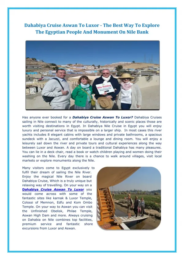 Dahabiya Cruise Aswan To Luxor - The Best Way To Explore The Egyptian People And Monument On Nile Bank