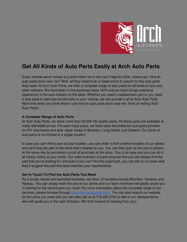 Get All Kinds of Auto Parts Easily at Arch Auto Parts