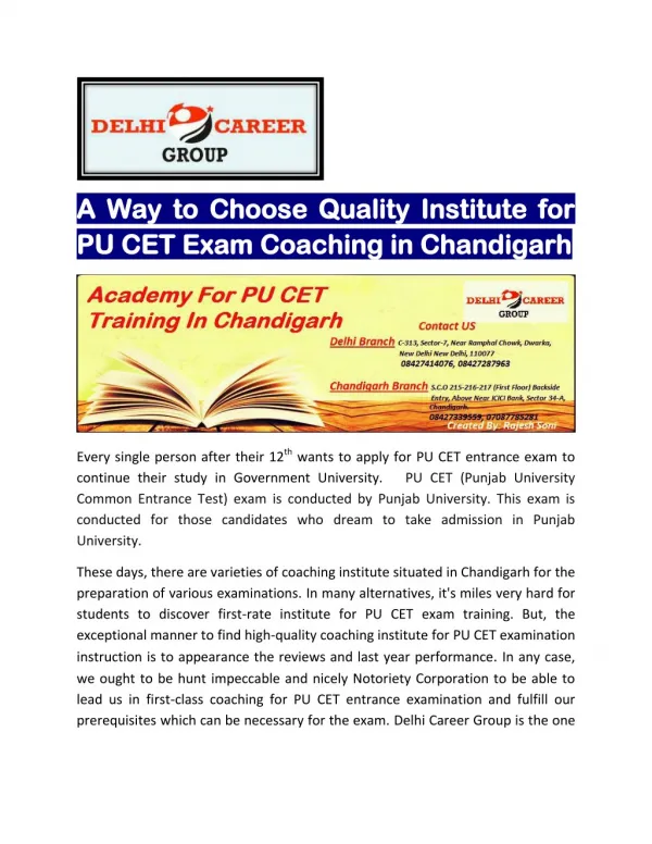 A Way to Choose Quality Institute for PU CET Exam Coaching in Chandigarh