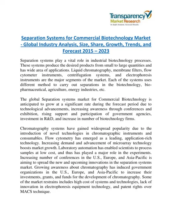 Separation Systems for Commercial Biotechnology Market Research Report Forecast to 2023