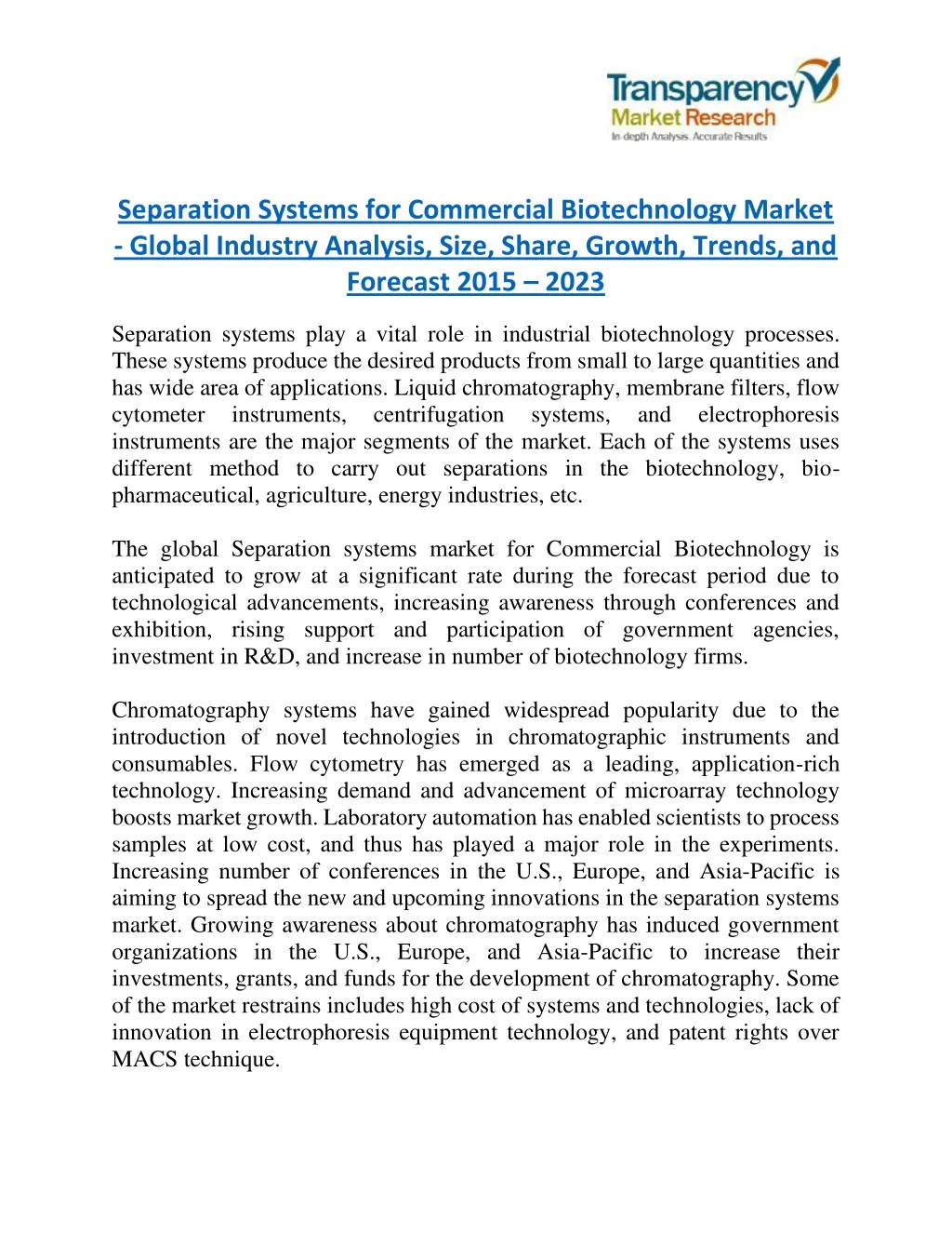 separation systems for commercial biotechnology