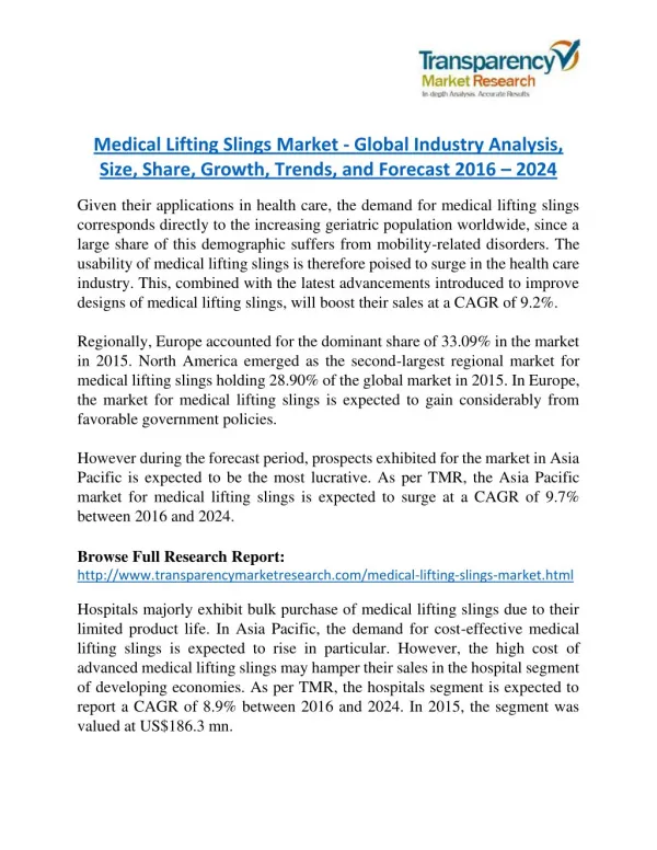 Medical Lifting Slings Market is expanding at a CAGR of 9.2% from 2016 to 2024