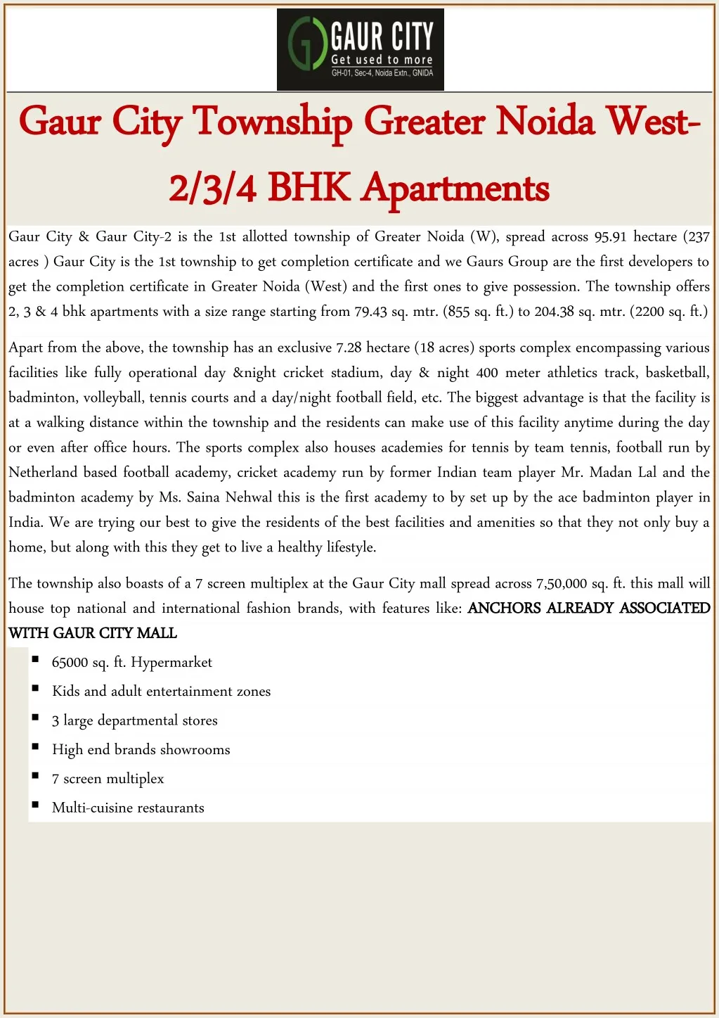 gaur city gaur city township 2 3 4 bhk apartments