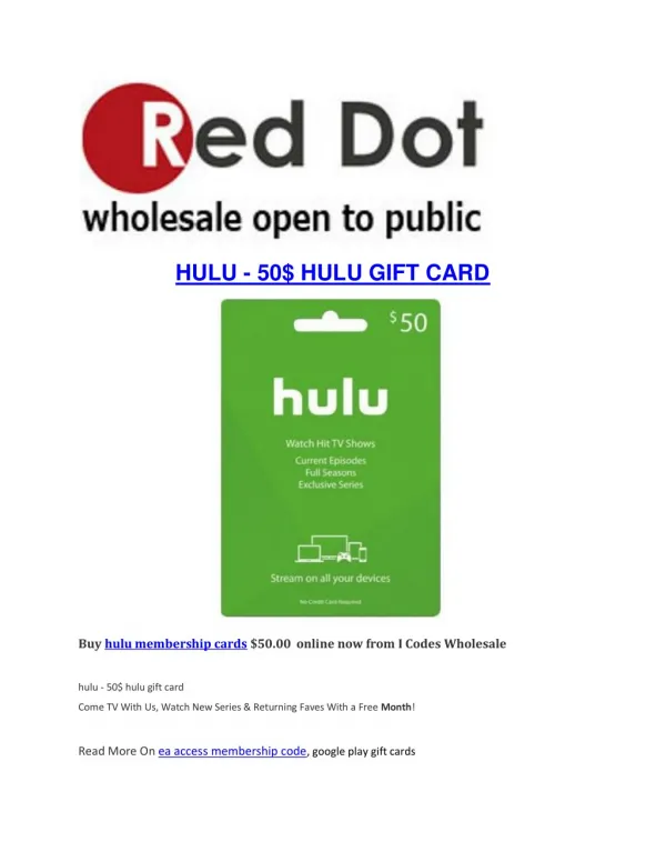 Hulu Membership Cards - HULU - 50$ HULU GIFT CARD