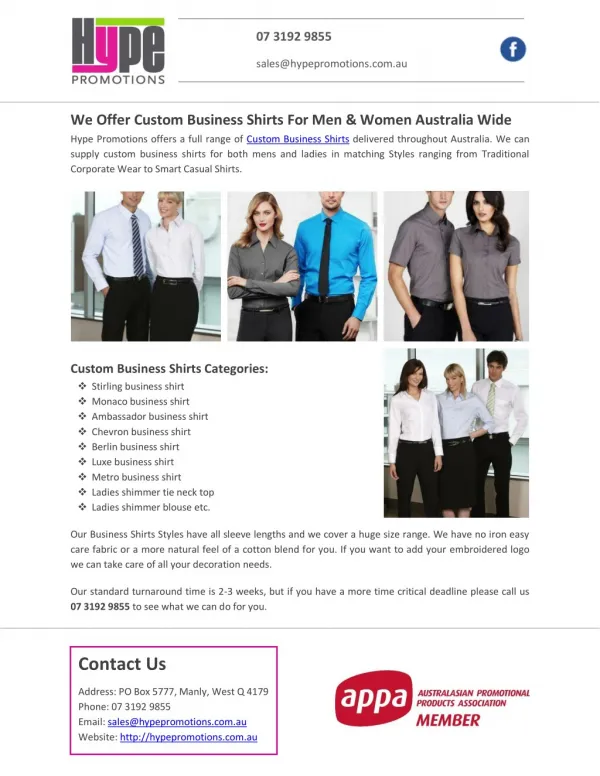 We Offer Custom Business Shirts For Men & Women Australia Wide