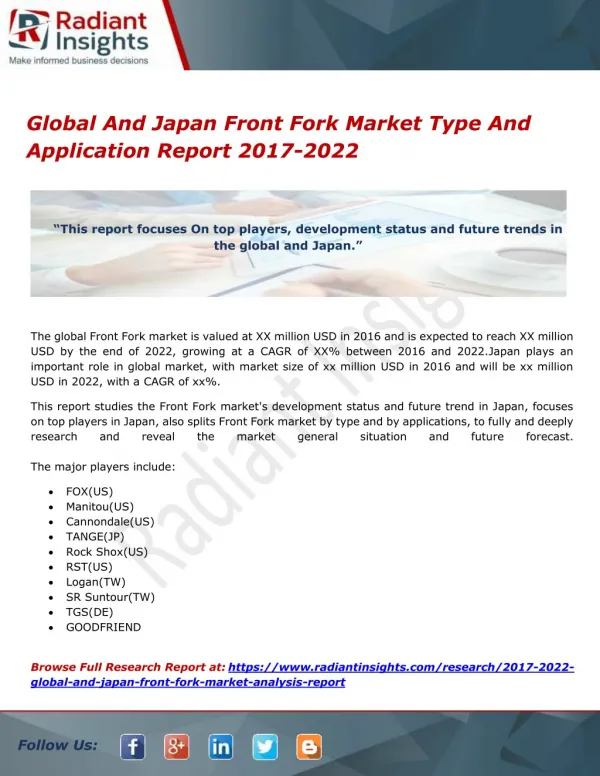 Global And Japan Front Fork Market Type And Application Report 2017-2022