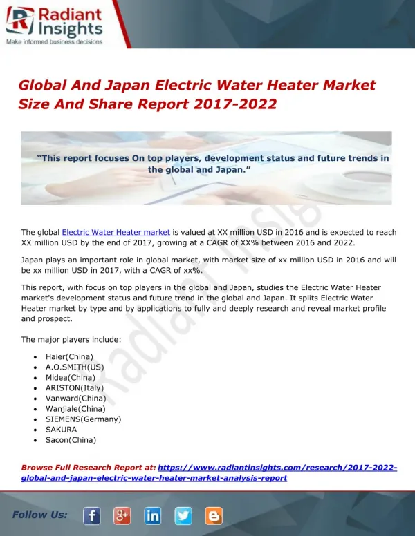Global And Japan Electric Water Heater Market Size And Share Report 2017-2022