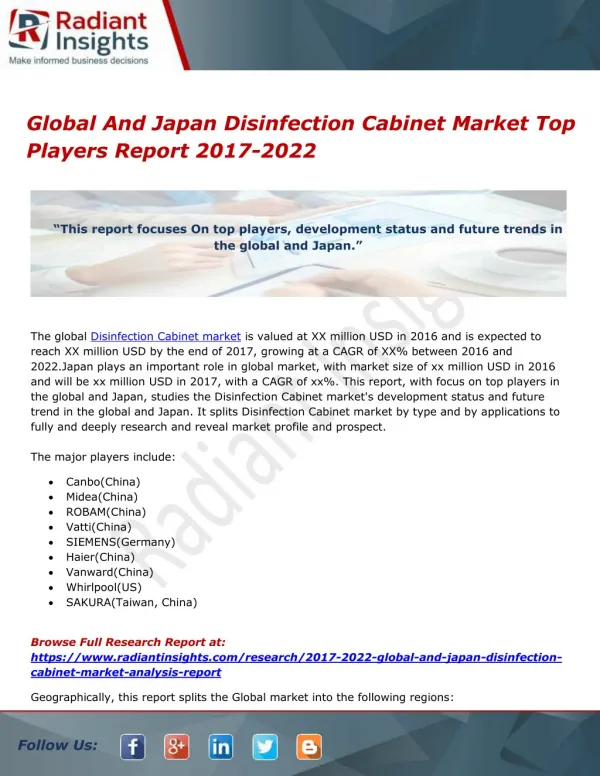 Global And Japan Disinfection Cabinet Market Top Players Report 2017-2022