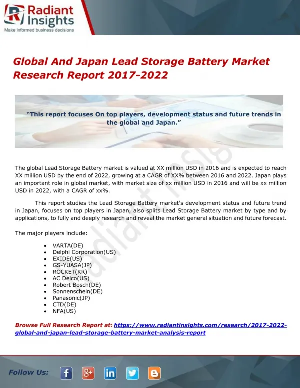 Global And Japan Lead Storage Battery Market Research Report 2017-2022