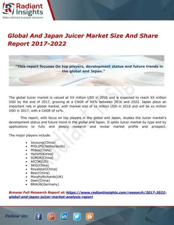 Global And Japan Juicer Market Size And Share Report 2017-2022