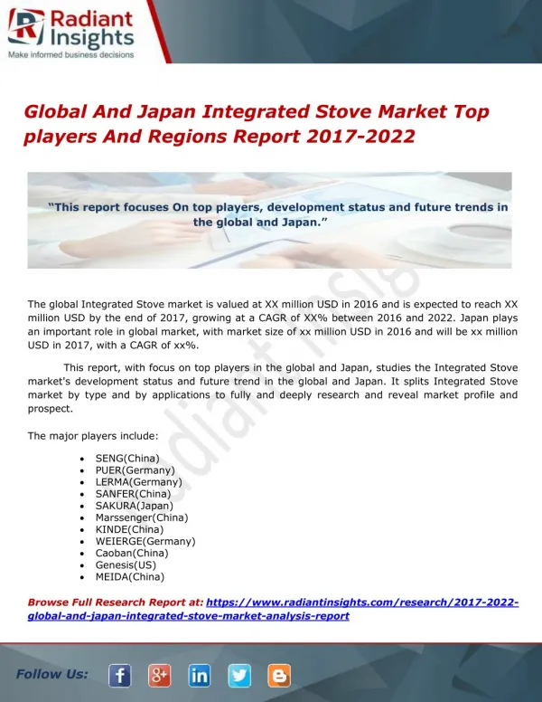 Global And Japan Integrated Stove Market Top players And Regions Report 2017-2022