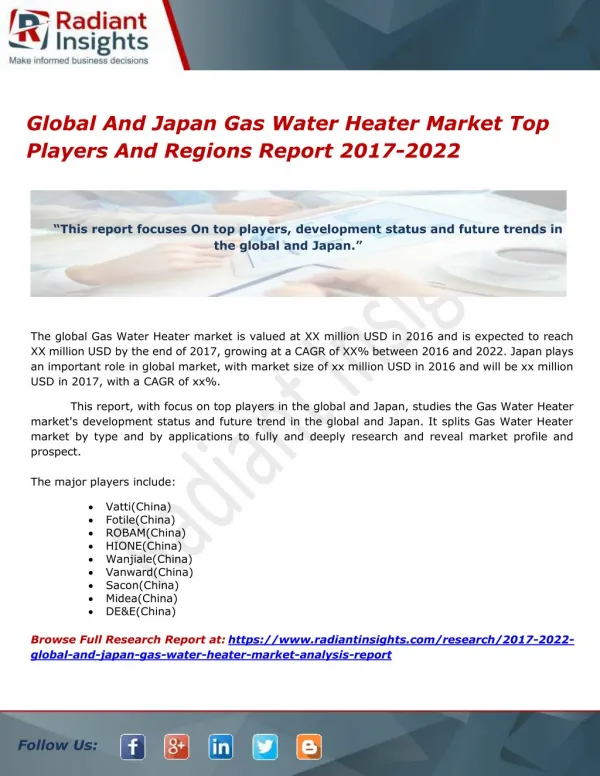 Global And Japan Gas Water Heater Market Top Players And Regions Report 2017-2022