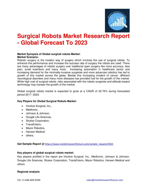 Surgical Robots Market Research Report - Global Forecast To 2023