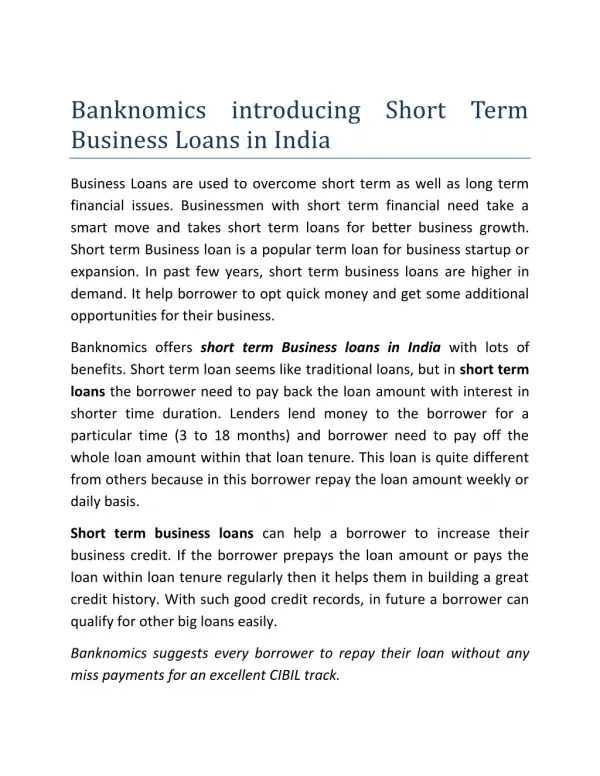 Banknomics introducing Short Term Business Loans in India