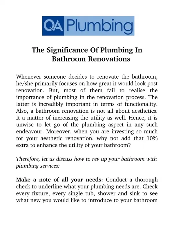 The Significance Of Plumbing In Bathroom Renovations