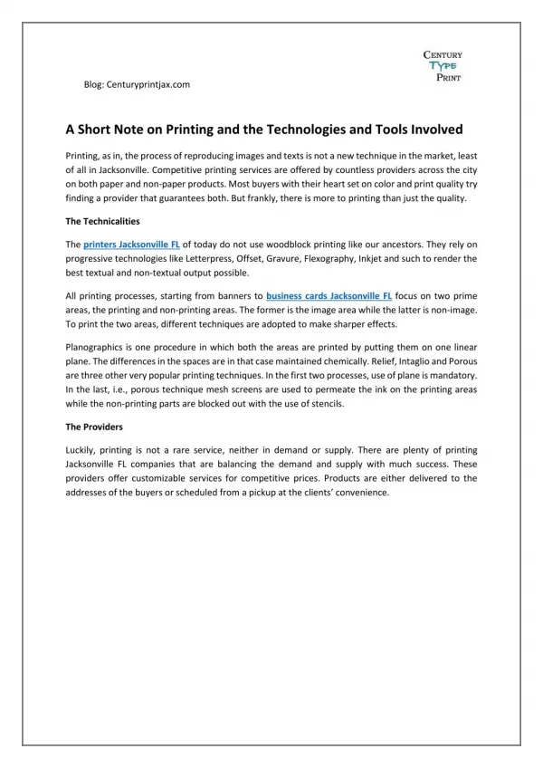 A Short Note on Printing and the Technologies and Tools Involved