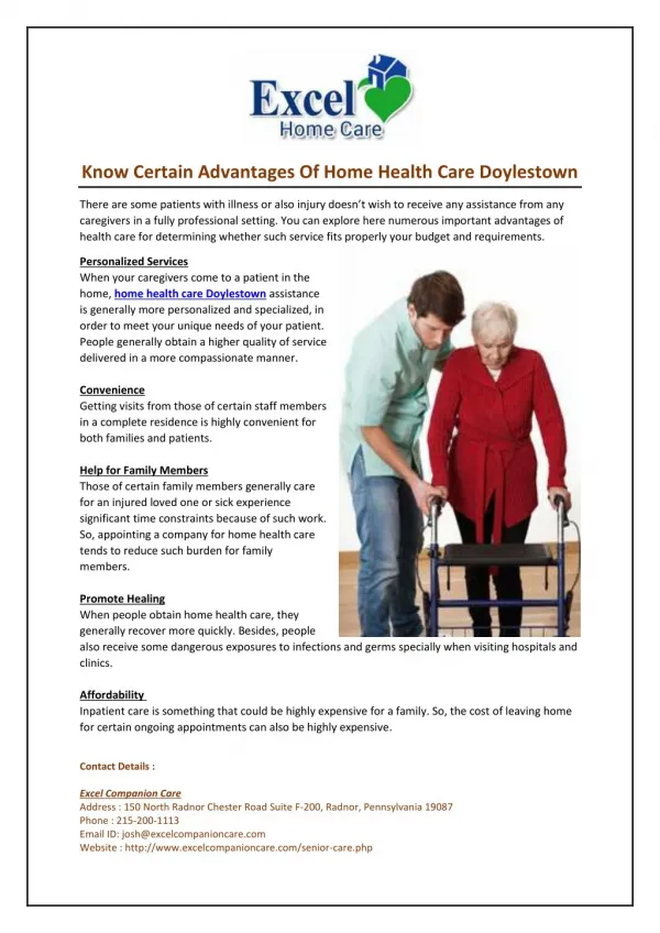 Know Certain Advantages Of Home Health Care Doylestown