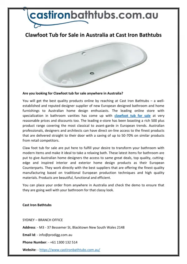 Clawfoot Tub for Sale in Australia at Cast Iron Bathtubs