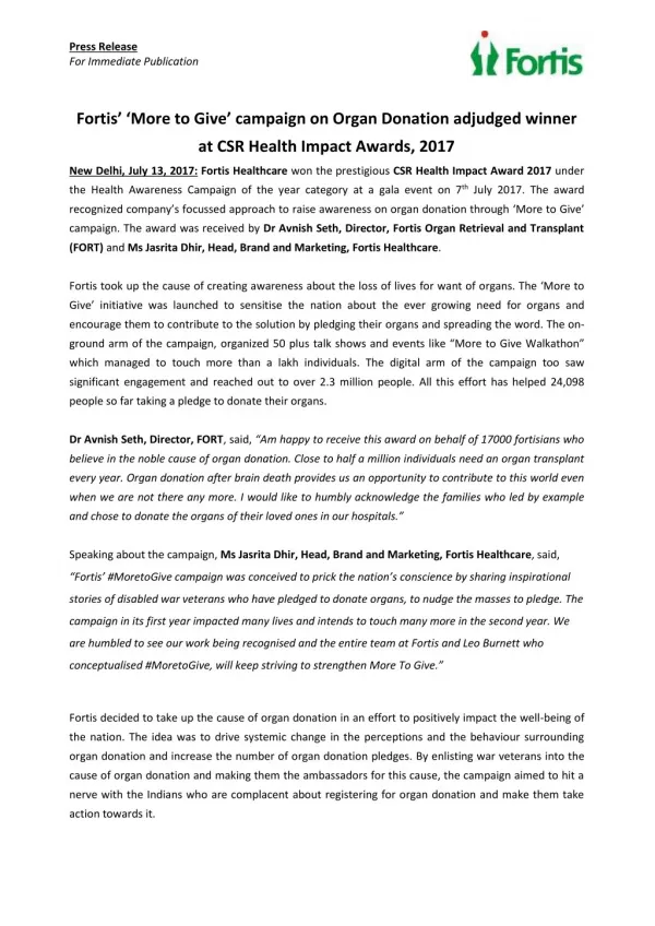 Fortis’ ‘More to Give’ campaign on Organ Donation adjudged winner at CSR Health Impact Awards, 2017