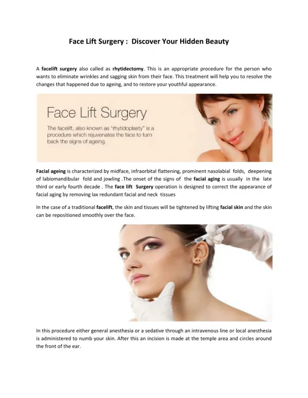 Restore Your Fresh, Youthful Appearance through Face Lift Surgery
