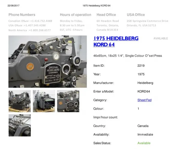 Buy Used 1975 KORD 64 HEIDELBERG Printing Presses Machine