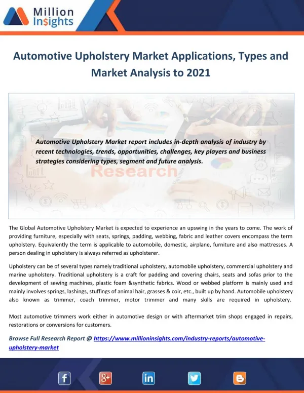 Automotive Upholstery Market Share, Market Size, Market Trends and Analysis 2021
