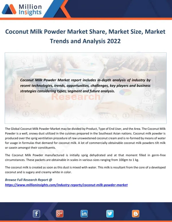 Coconut Milk Powder Market Size to 2022 Analysis by Applications and Types